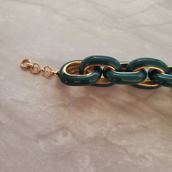 🦜 J.Crew Dark Jungle Green Enamel Jumbo Link Leather Tassel Bracelet 🦜 - Picture 4 of 5